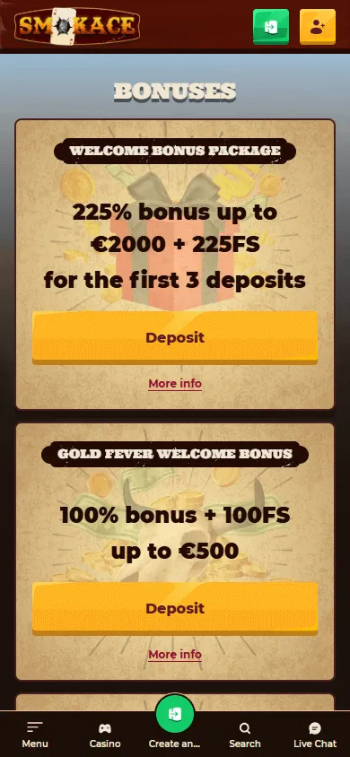 Smokace Casino mobile browser promotions area with bonus offers