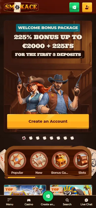 Smokace Casino mobile browser home view on a phone