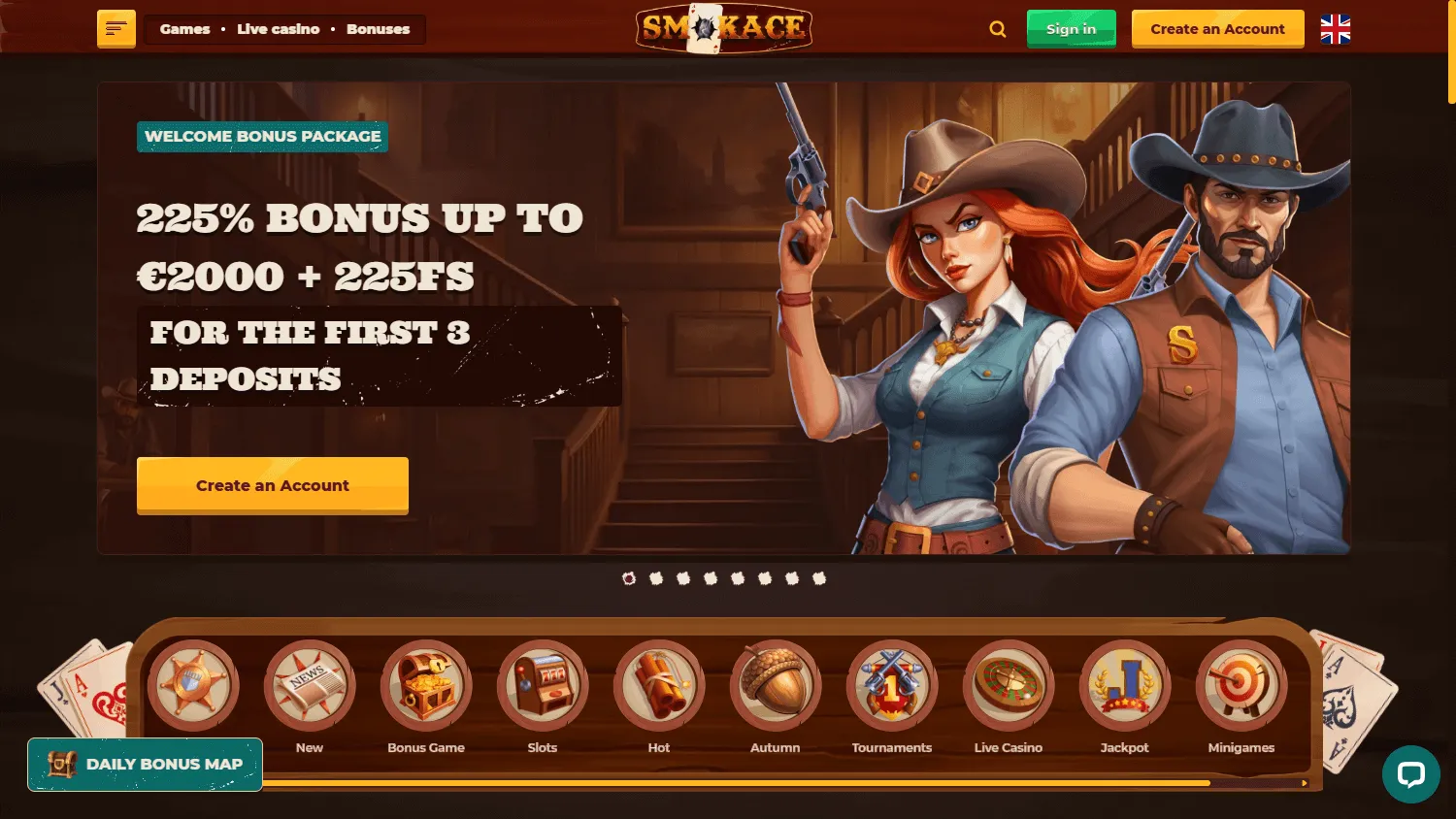 Smokace Casino desktop home view with casino offer and account navigation