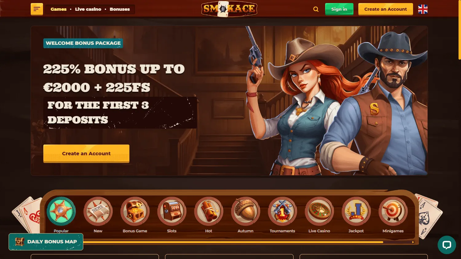 Smokace Casino desktop games area with casino categories and titles