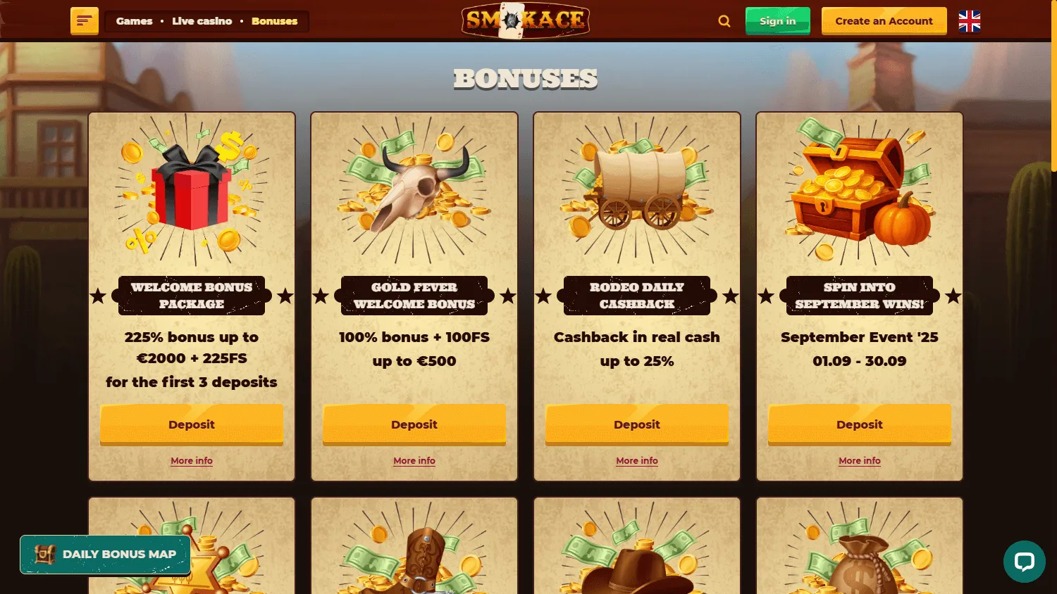 Smokace Casino desktop promotions area with welcome and ongoing offers