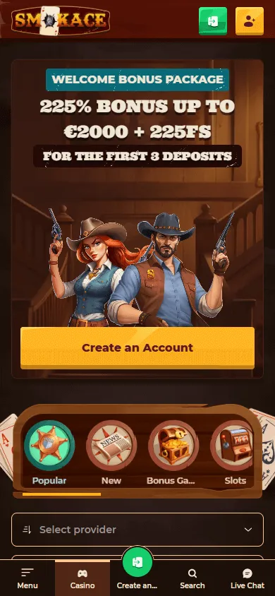Smokace Casino mobile browser games area with casino categories